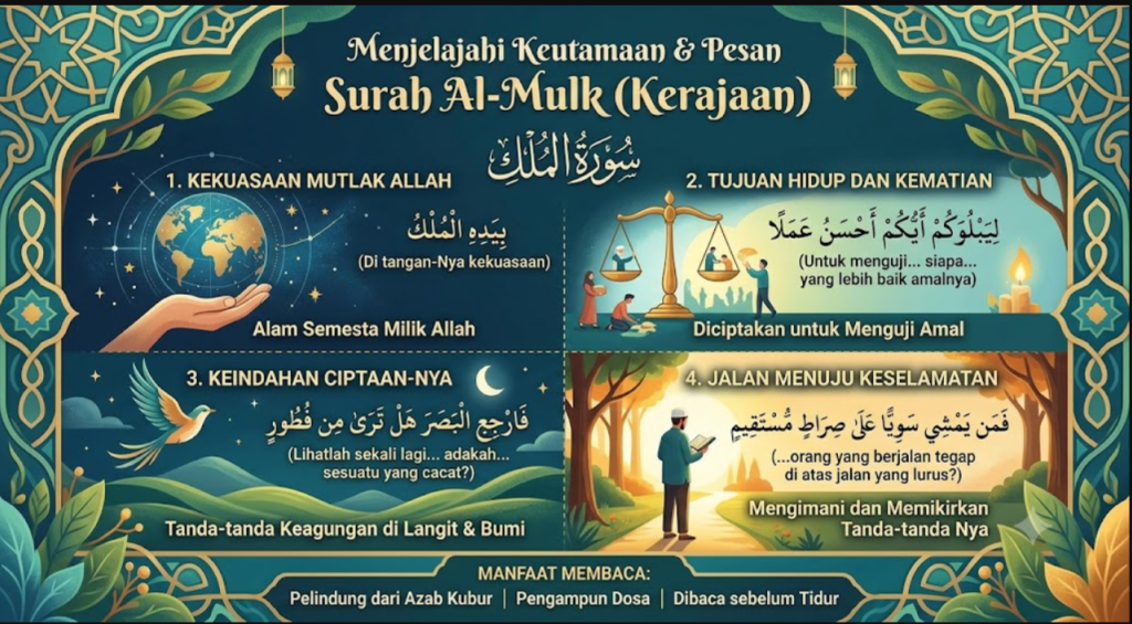 Infografis Surah Al-Mulk bahasa Indonesia tentang keutamaan dan pesan utama