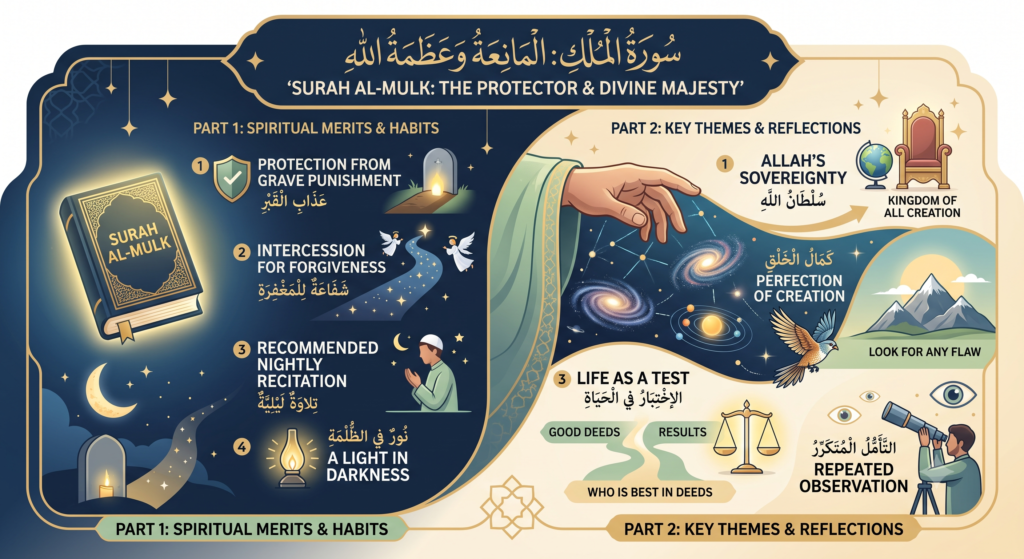 Infographic about Surah Al-Mulk in English, highlighting 4 spiritual virtues of nightly recitation and 4 key theological themes regarding the perfection of Allah's creation